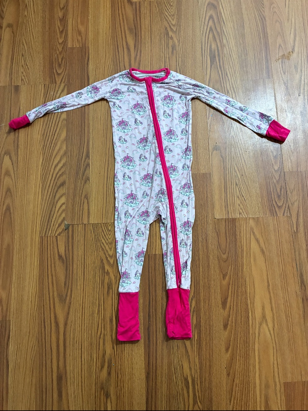 Girls' Pink Castle Print Footed One-Piece Pajama with Bright Pink Trim